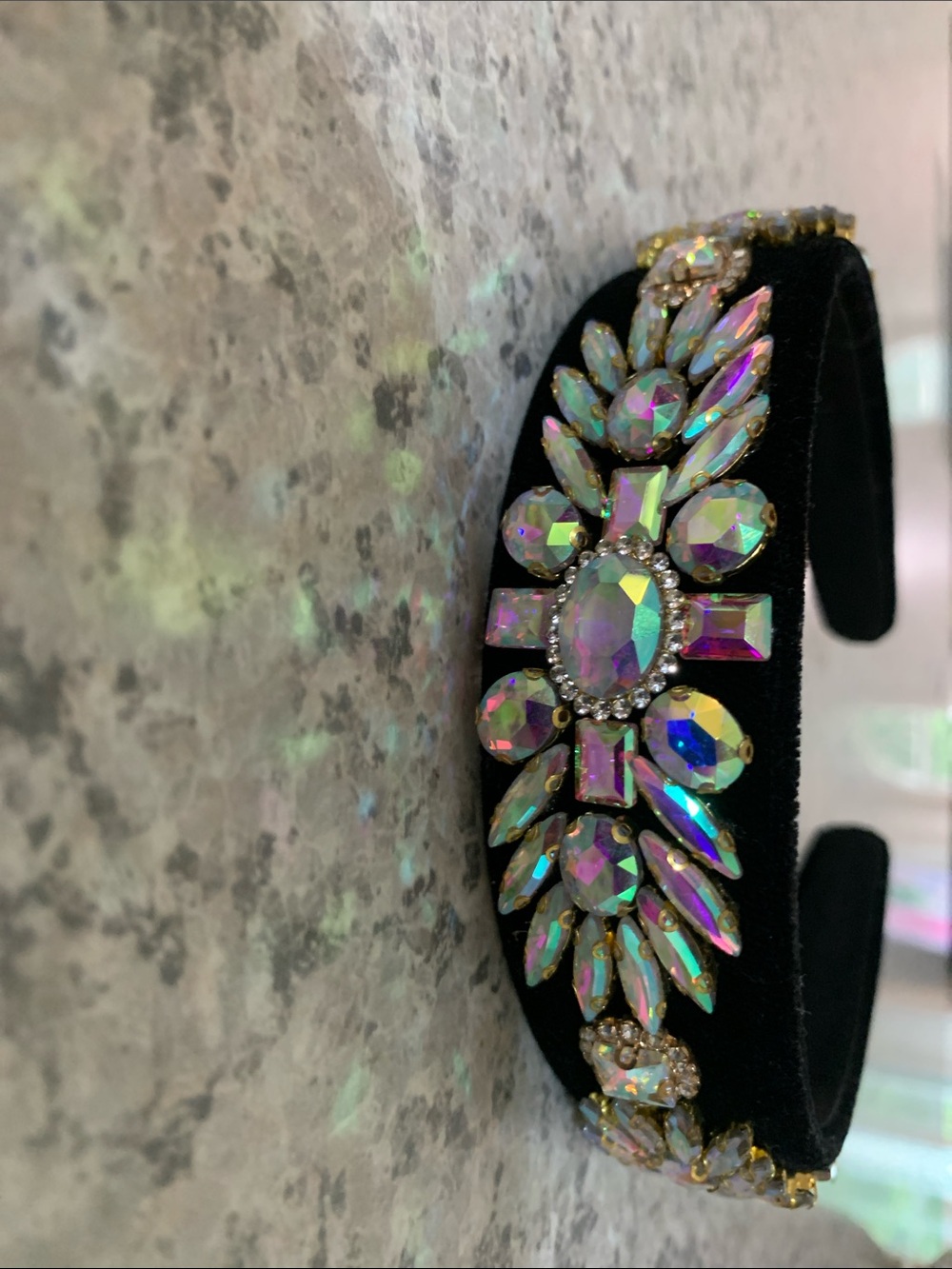 Iridescent Crystal Jeweled Black Velvet Headband